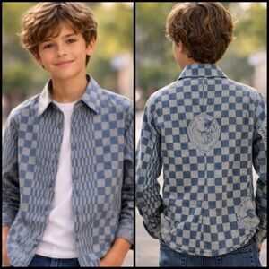 Diesel European Tour Amsterdam Blue Checkered Graphic Y2K Retro Boy’s Shirt S